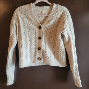 Cable Knit V-Neck Button-Front Sweater Cardigan - Cream